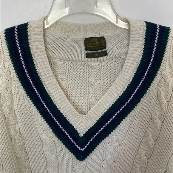 Vintage Evergreen Heavyweight Cream Cable Knit Sweater Large Preppy - Picture 3 of 5